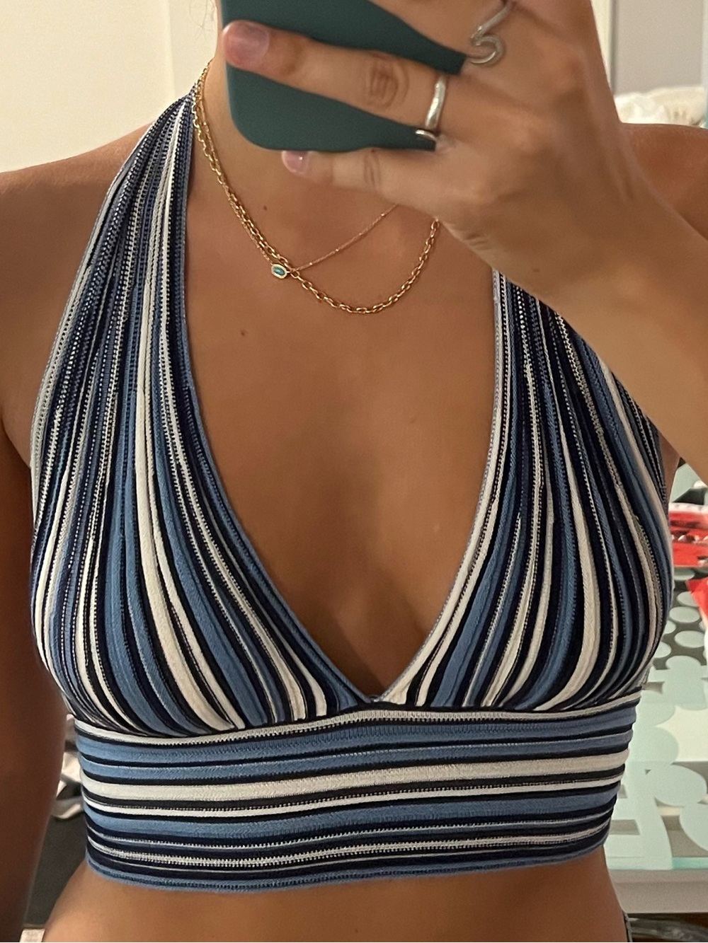 Garage Clothing Blue, White, & Black Striped Halter Crop Top, Size S
